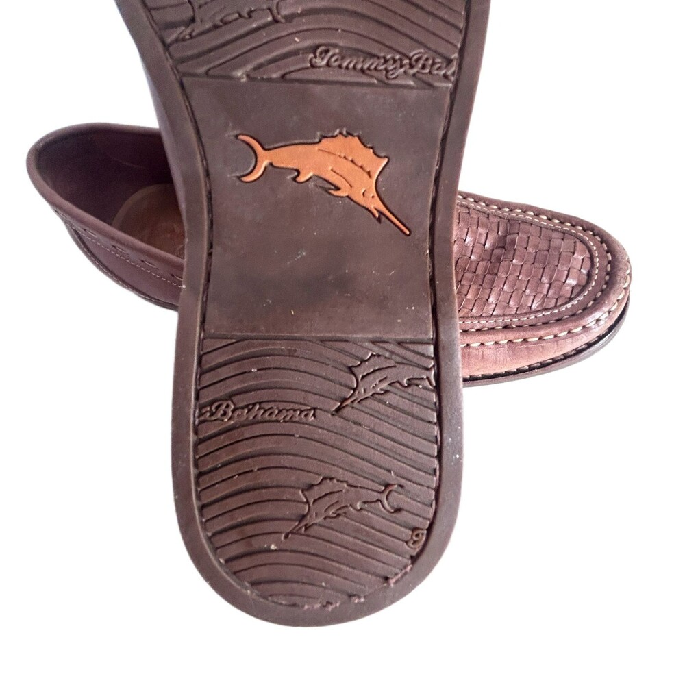 Tommy Bahama Mens Shoes  9 Brown Leather Loafers Brooks Bay Woven Vamp - Picture 11 of 11